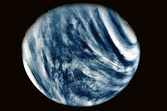 A picture of the planet Venus, with acidic clouds highlighted
