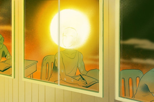 a cartoon of a student sitting in a classroom with the sun for their head