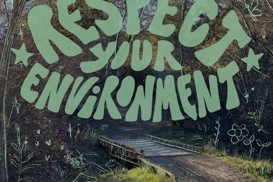 A '70s-esque logo saying "Respect Your Environment" over a forest path