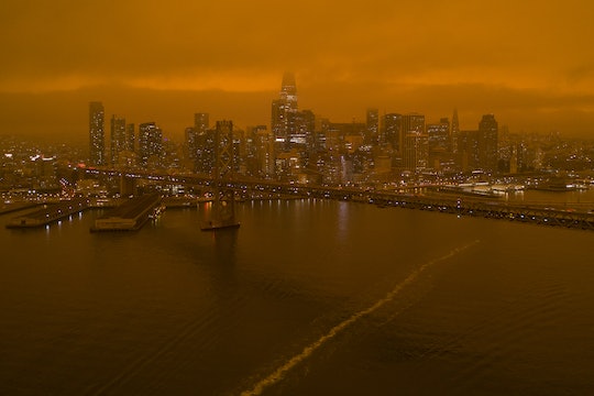 A view of San Francisco and its Financial District with an orange sky during the 2020 California wildfires