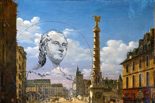 Sketch of Sophie German overlooking a painting of Place du Châtelet, made in 1810 by Étienne Bouhot